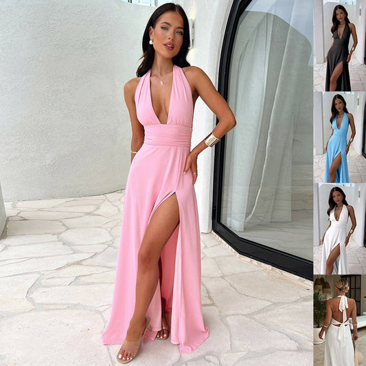Backless Halterneck Slit Dress - Noticed One